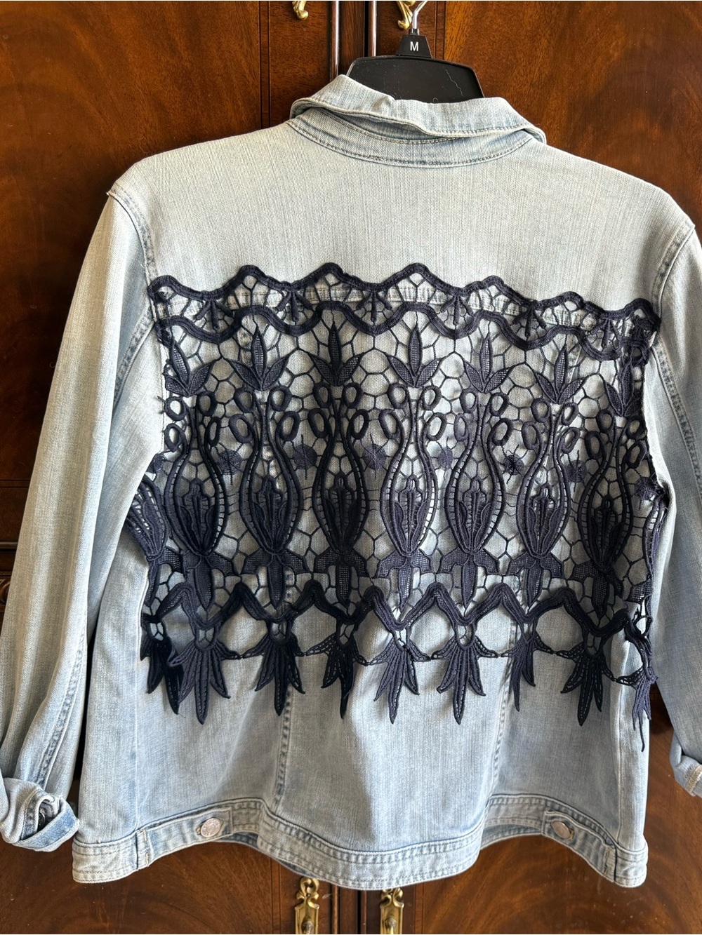 CHICO’s Light Wash Denim Jacket with Navy Lace Back Chico’s 2 (12 or L)